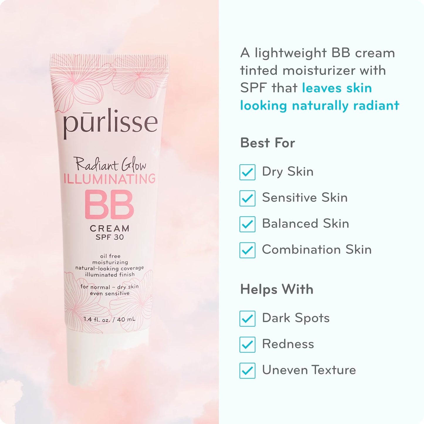 pūrlisse Radiant Glow Illuminating BB Cream with SPF 30 - Glow BB Cream Enriched with Goji & Hawthorn Berry for Dewy Skin - Helps to Improve Skin Texture & Radiance - Tan Deep (1.4 oz)