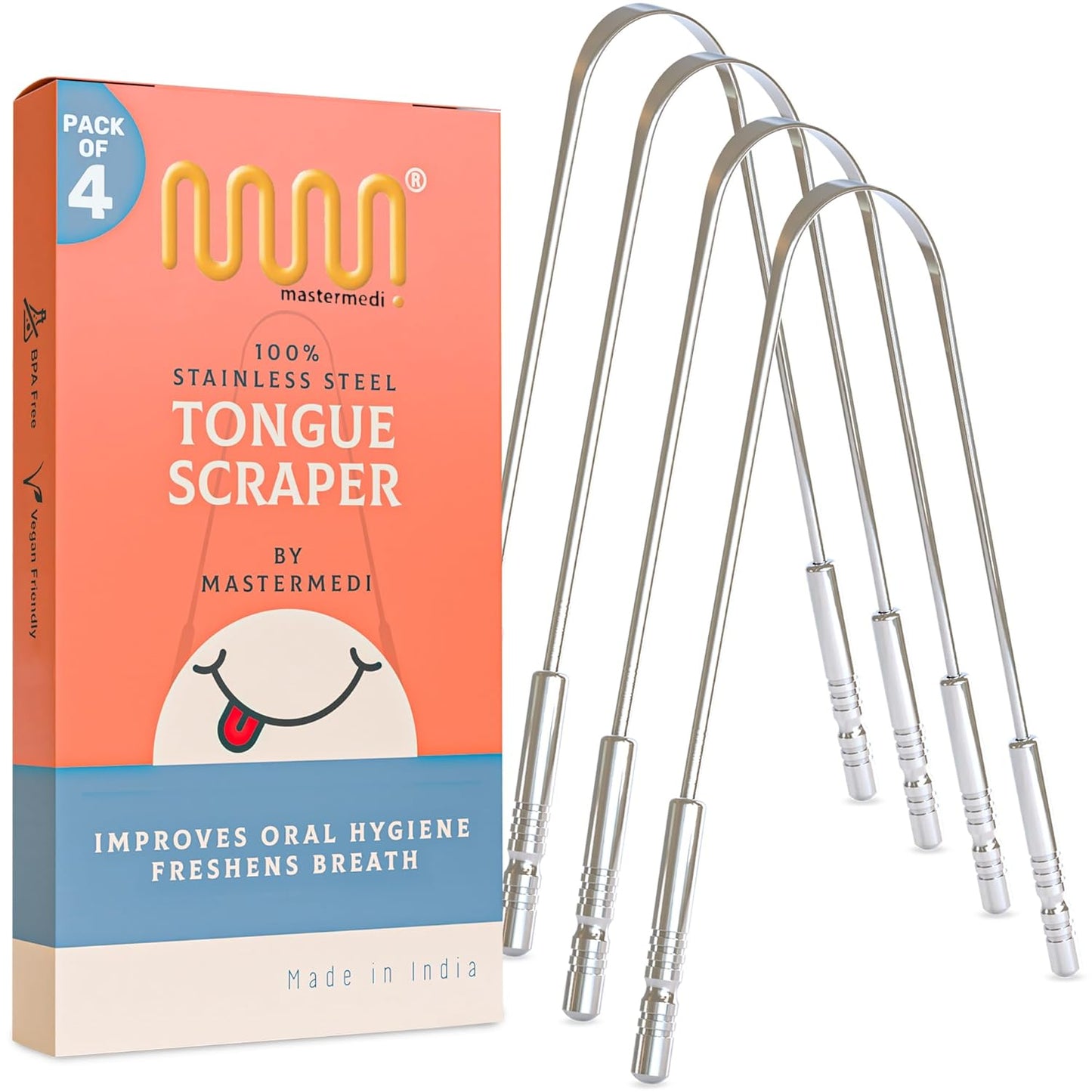 MasterMedi Tongue Cleaner Tongue Scraper Surgical Grade Stainless Steel Tongue Brush Dental Kit Professional Eliminate Bad Breath With Non-synthetic Grip (Family Pack (4 pcs)