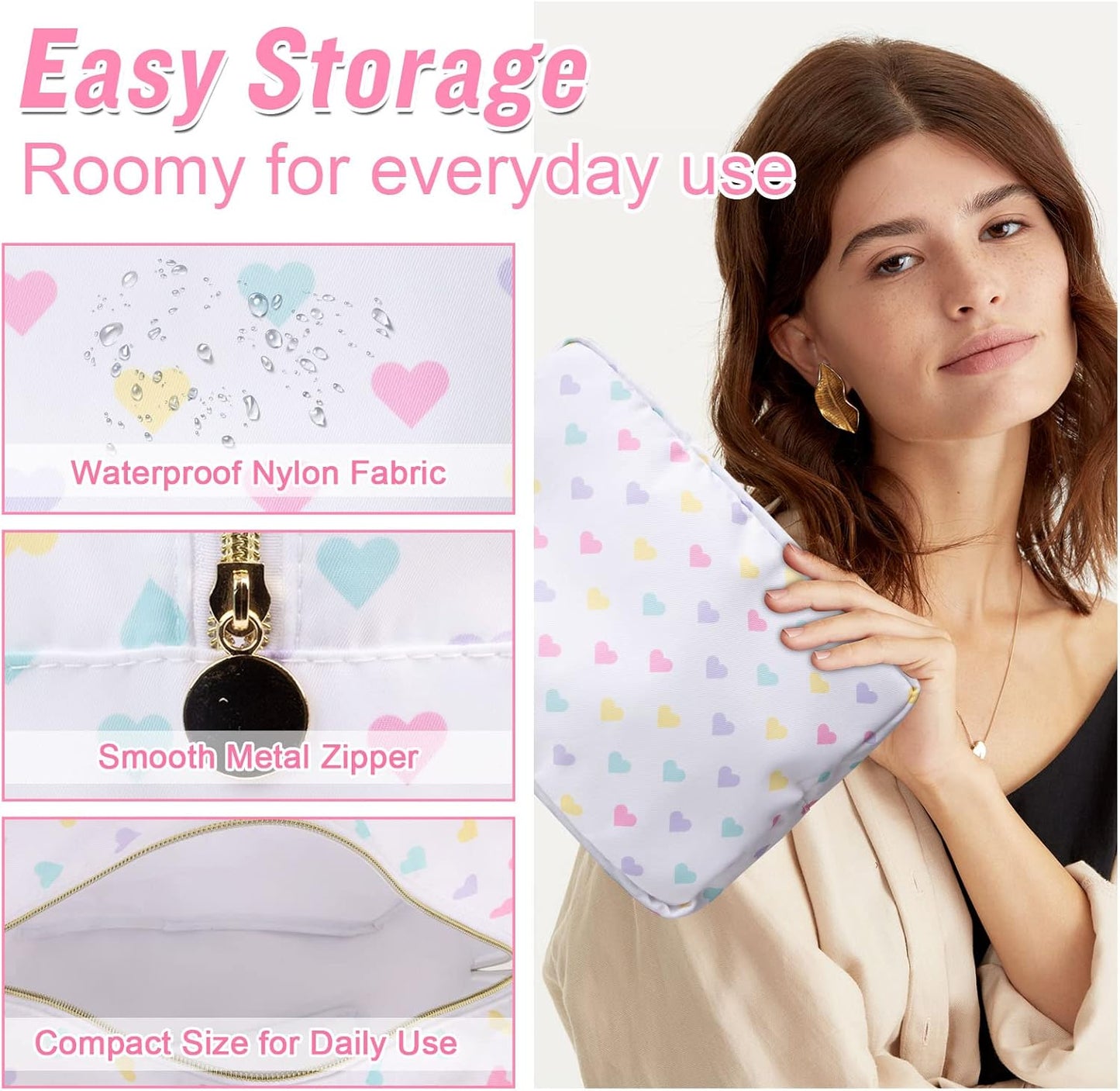 Nylon Large Makeup Bag Travel Cosmetic Bag Pouch, Big Preppy Makeup Bag Cute Cosmetic Zipper Pouch Purse, Waterproof Toiletry Bag Clutch Makeup Organizer Travel Essentials for Women Girl(White-Heart)