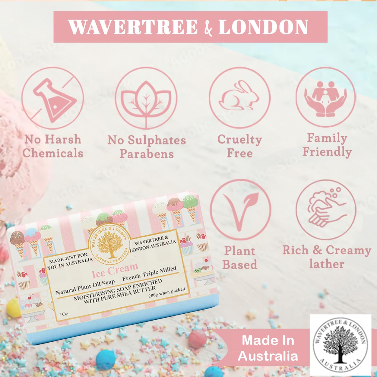 Wavertree & London Ice Cream Scented Natural Soap (8 Bars), 7oz Moisturizing French Triple Milled Soap Bars enriched with shea butter - Pure Plant Oil Bath & Body Bars for All Skin Types