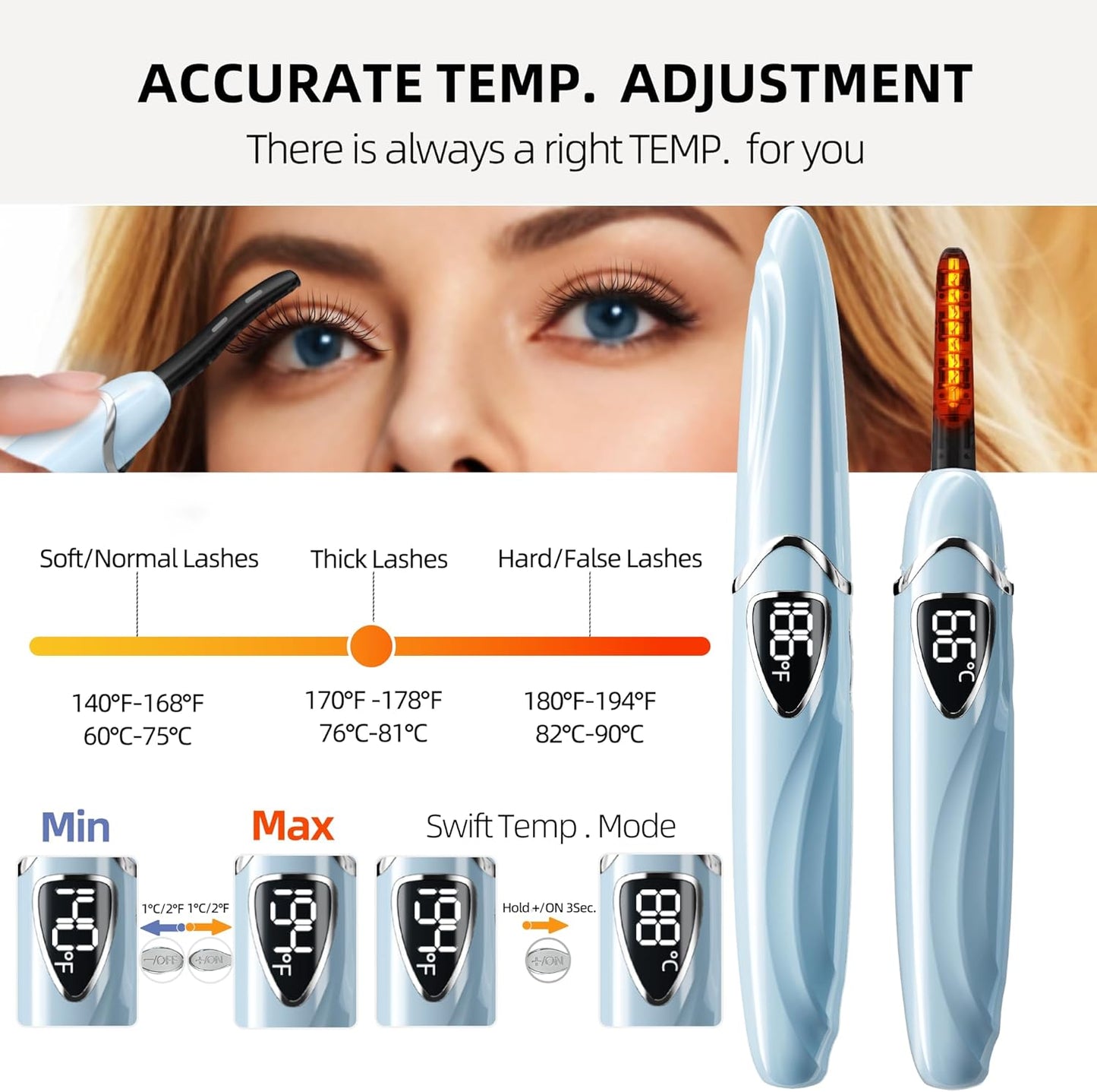 ZAPAL Heated Eyeash Curler, S600 Rechargeable Heated lash Curler, Intelligent Power Off Electric Eyelash Curler Heated Quickly 24 Hs Lasting Natural Makeup for Woman (Angel Blue/Silver, S600-148MM)