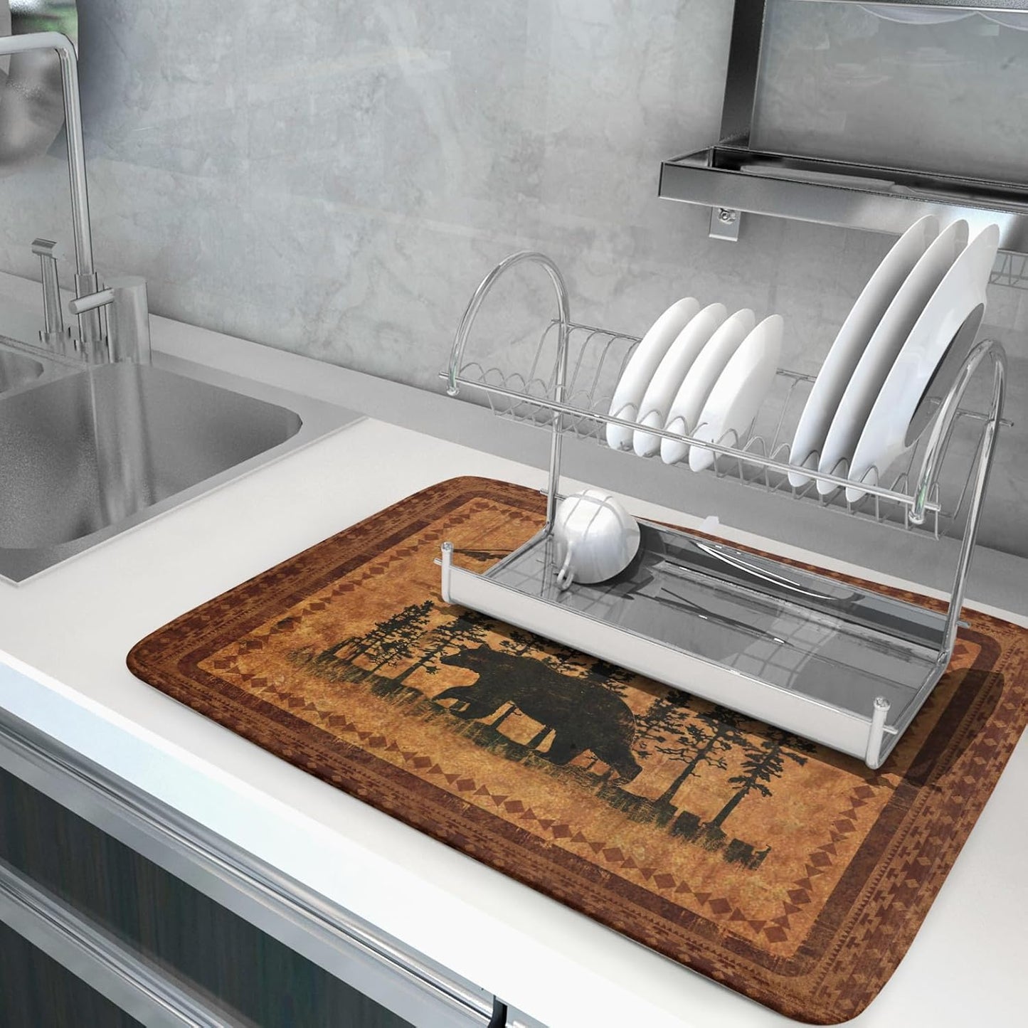 Forest Bear Dish Drying Mat 18x24 Inch Rustic Cabin Washable Microfiber Absorbent Dishes Drainer Rack Pad for Kitchen Counter Home Decor