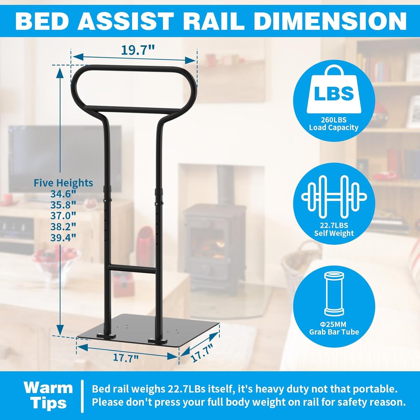 Bed Rails for Elderly Adults Safety, Adjustable Bed Cane for Elderly, Heavy Duty Stand Assist Railing for Seniors, for Couch, Chair, Full, Twin Bed (260LBS Loading, 5 Heights, Black)