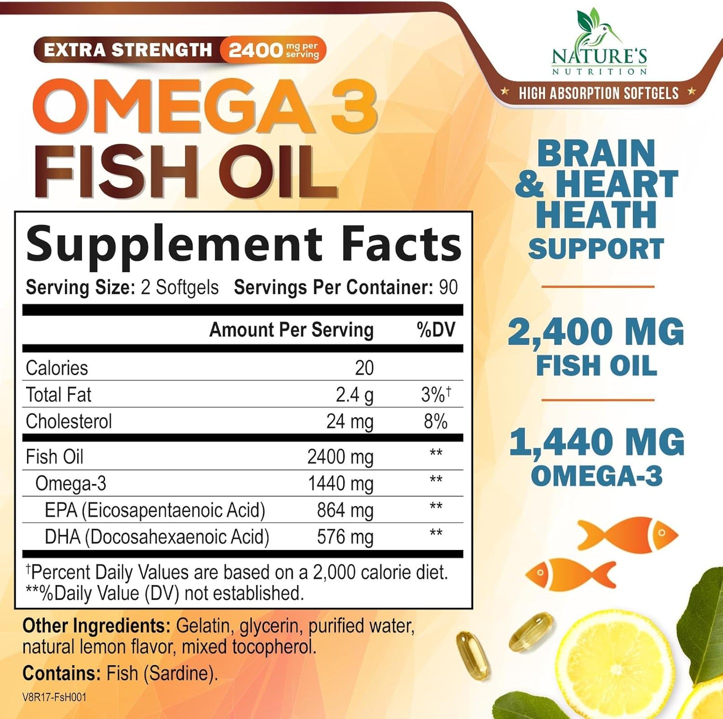 Omega 3 Fish Oil 2400 mg – Triple Strength EPA & DHA Fatty Acids for Heart, Brain & Joint Support – Wild-Caught, Burpless, Lemon Flavor Supplement – Natural, Non-GMO, Gluten-Free – 180 Softgels