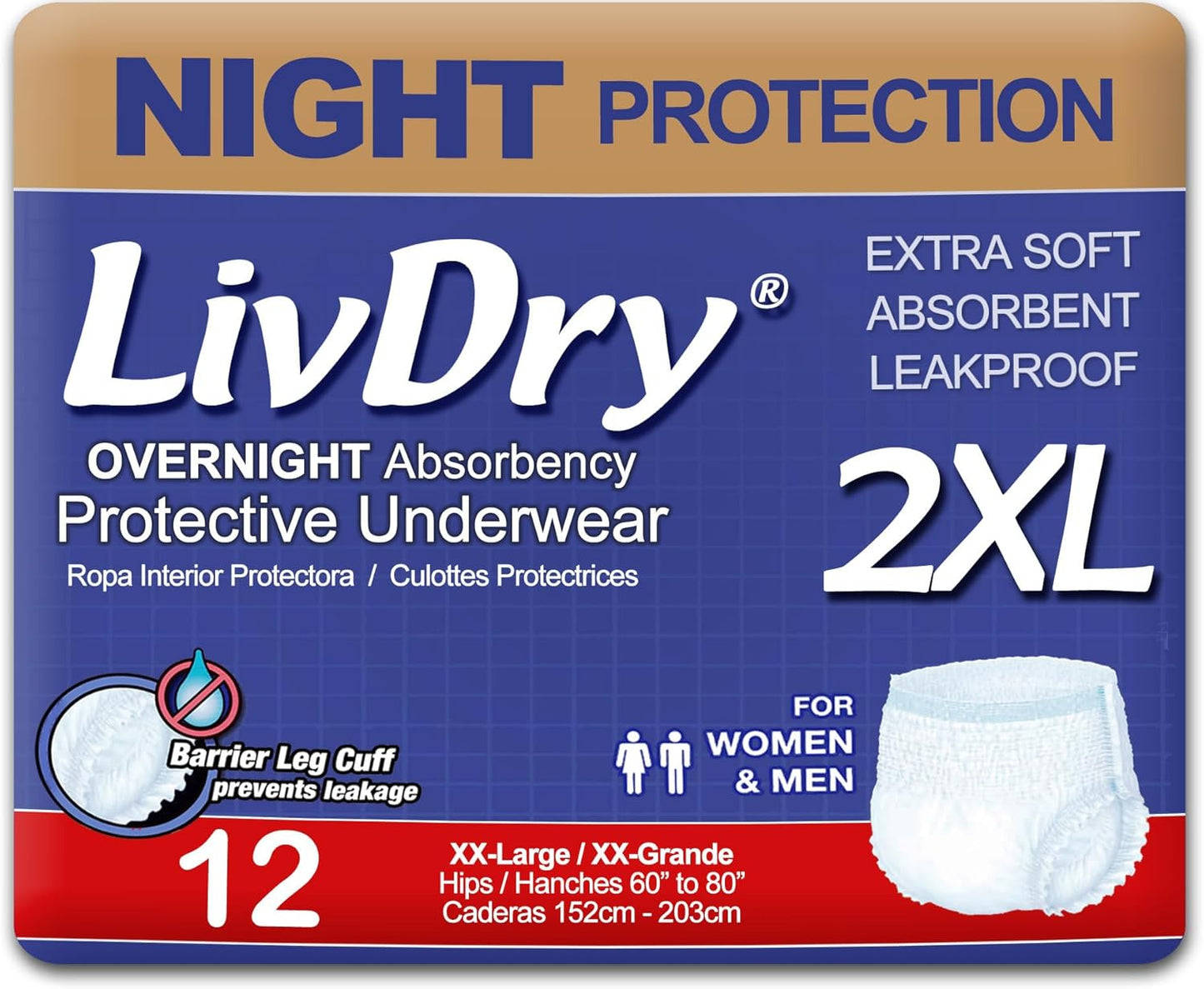 LivDry Adult XXL Incontinence Underwear, Overnight Comfort Absorbency, Leak Protection, XX-Large, 12-Pack