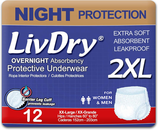 LivDry Adult XXL Incontinence Underwear, Overnight Comfort Absorbency, Leak Protection, XX-Large, 12-Pack