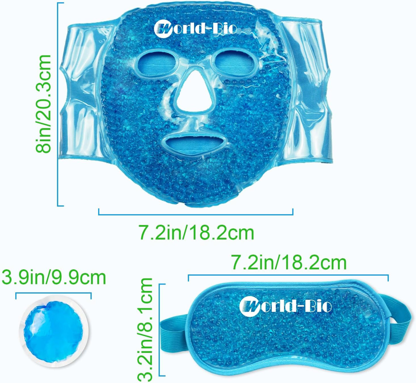 WORLD-BIO Reusable Ice Face Mask & Cooling Eye Mask - Cold Therapy Gel Pack for Puffy Eyes, Dark Circles Relief, Headache & Migraine Soothing - 3 Pcs Set with Adjustable Strap & Freezable Gel