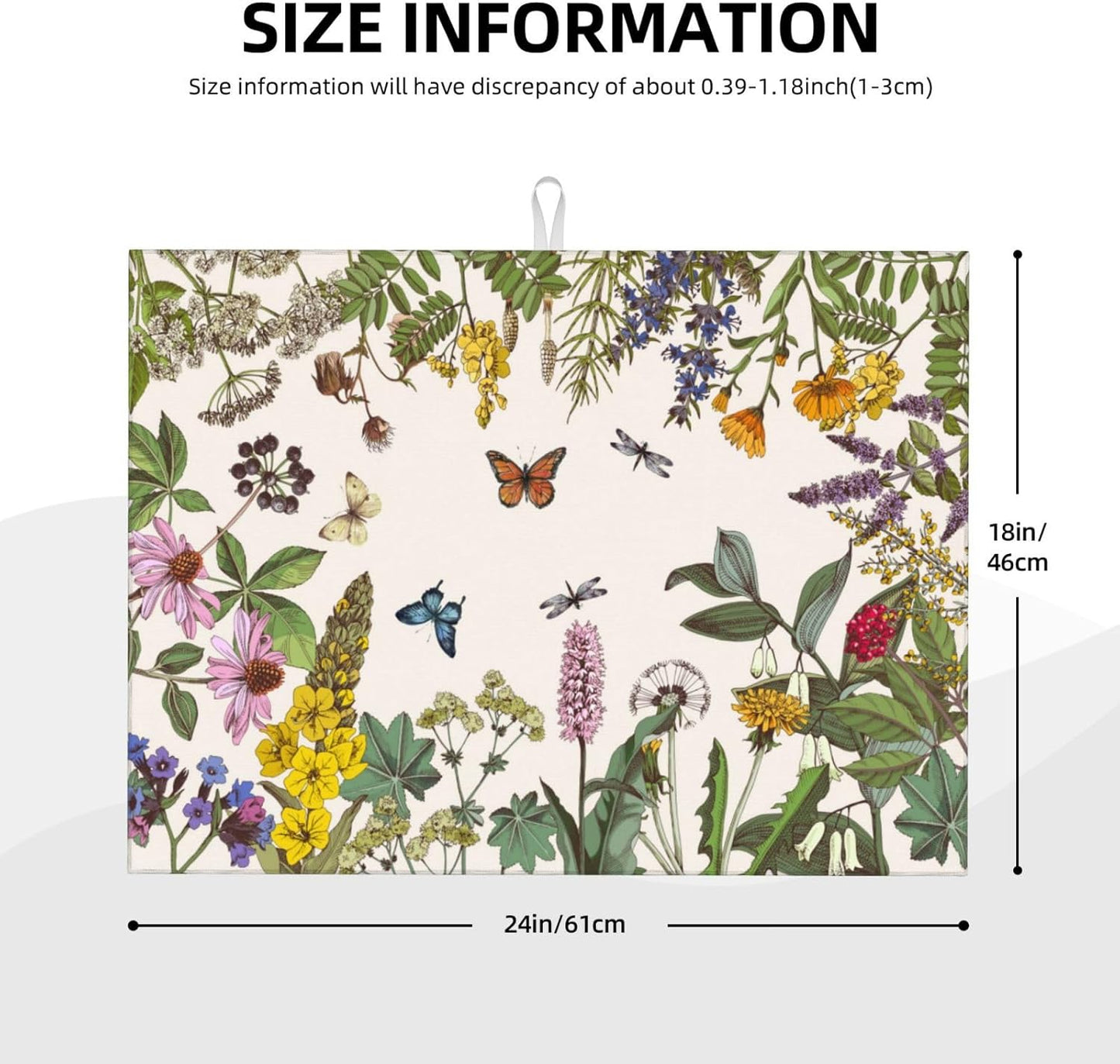 Wild Flower Herbs Dish Drying Mat For Kitchen Counter Absorbent Large Kitchen Fast Dry Pad Reusable Washable Protector Rack Large Mat 18 X 24