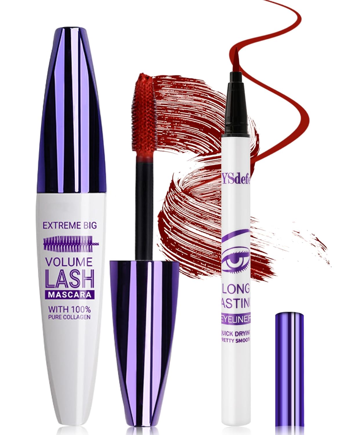 Red Mascara Liquid Eyeliner Set, Update Longlasting Waterproof Color Eye Liner Pen, 5D Silk Fiber Colored Mascara Volume and Length, Halloween Party Stage Use Eye Makeup Gift Kit for Women Girl-07