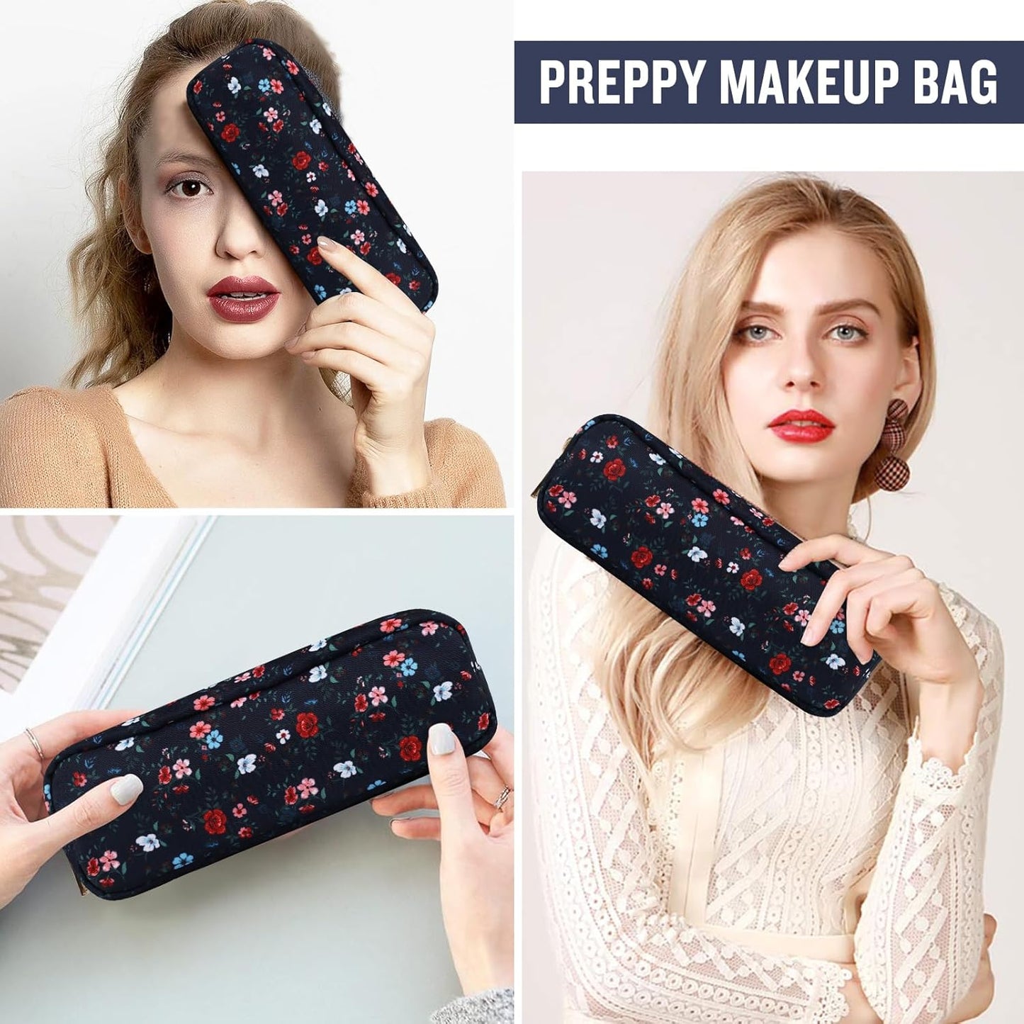 Nylon Small Floral Makeup Bag Slim Pouch, Preppy Cute Travel Makeup Brush Case Cosmetic Zipper Pouch for Purse, Waterproof Toiletry Bag Makeup Organizer Travel Essentials for Women(Navy Blue-Flower)