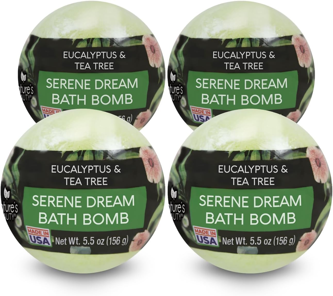 Nature's Beauty Eucalyptus & Tea Tree Bath Bomb Multi-Pack- Natural Hand Crafted, Non-Staining, Luxury Fizzy Spa Bomb, Sooth + Restore Skin, Made w/Coconut Oil & Witch Hazel, 5.5oz (4 Pack)