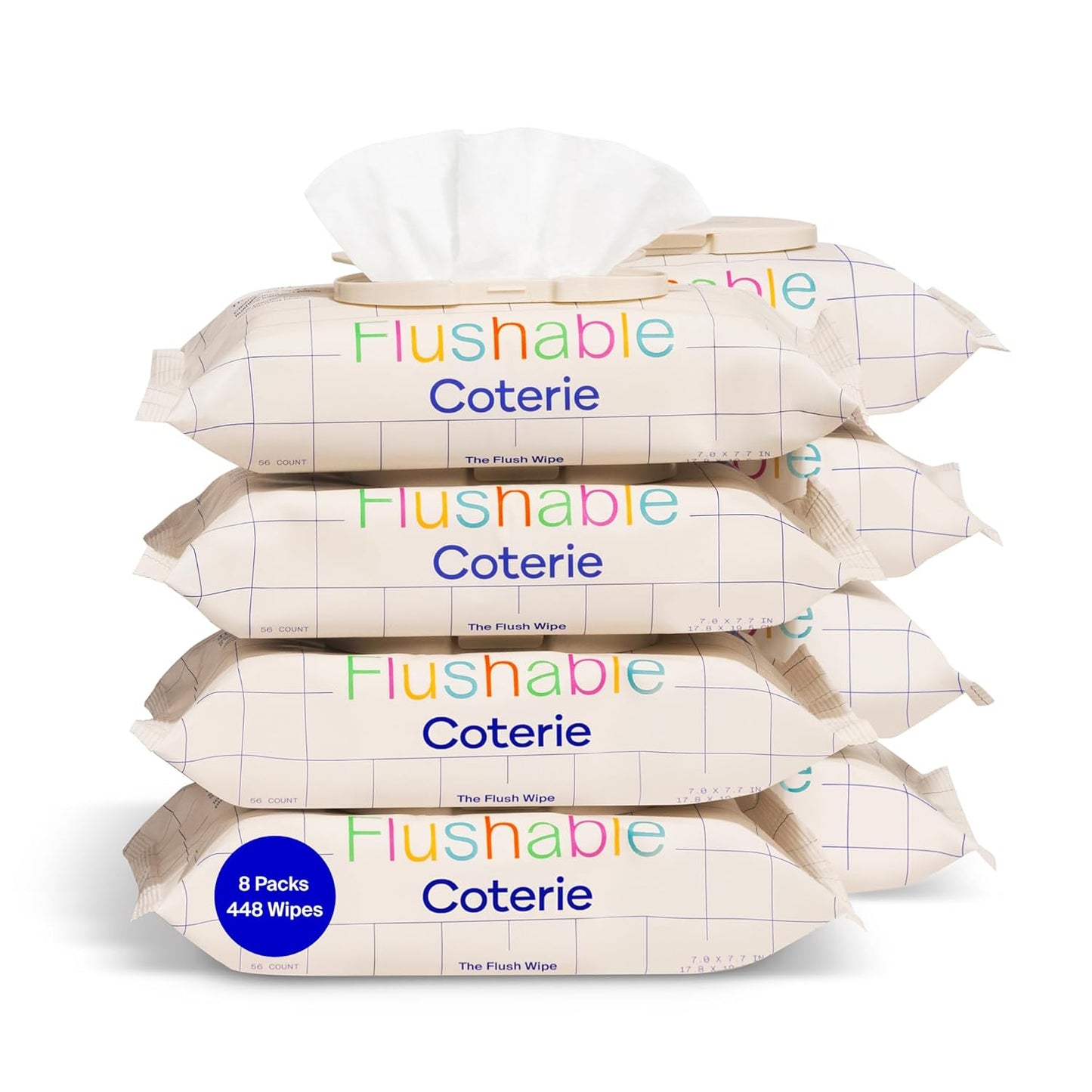 Coterie Flushable Wipes for Sensitive Skin, Hypoallergenic, 99% Water, Plant-Based Fibers, Sewer + Septic Safe to Flush, Fragrance Free, Designed for Potty Training | 8 Packs (448 Wipes)