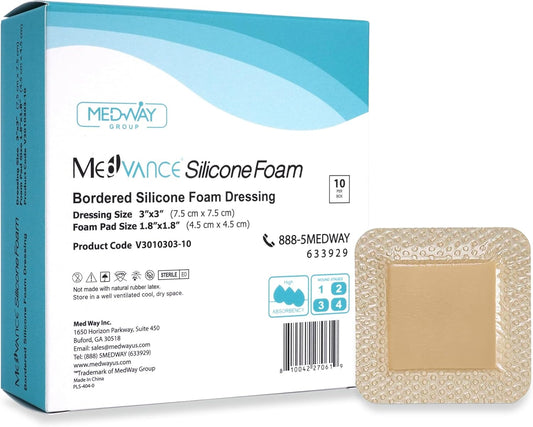 MedVanceTM Silicone - Bordered Silicone Adhesive Foam Dressing, Size 3"x3", (1.8"x1.8" pad), Box of 10 dressings