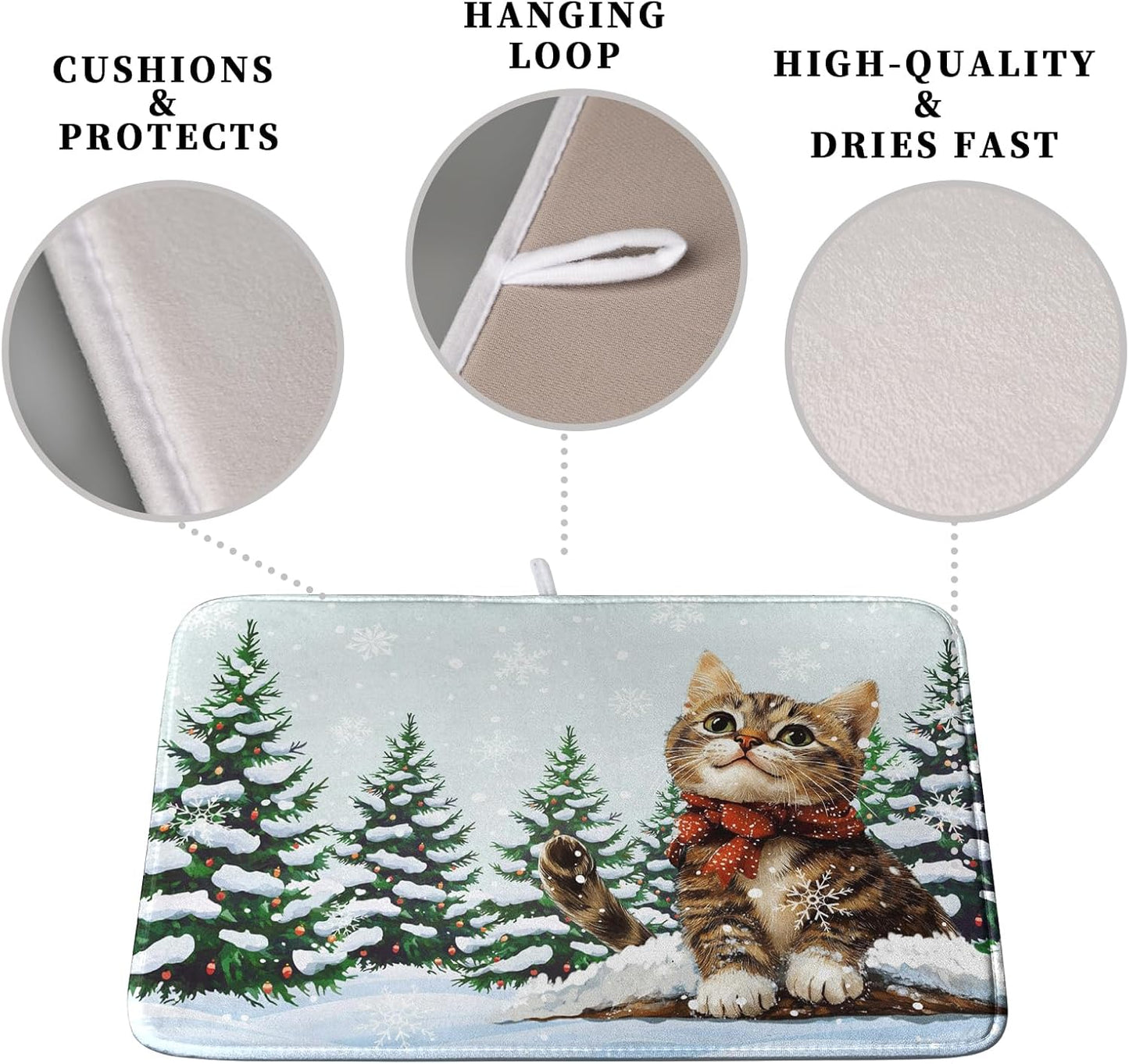 Cat Snow Pine Tree Winter Kitchen Dish Drying Mat 16x18 Inch Cute Kitten Animal Dish Mat Christmas Holiday Super Absorbent Dish Drying Pads Microfiber Dish Drying Mat for Kitchen Counter Sink