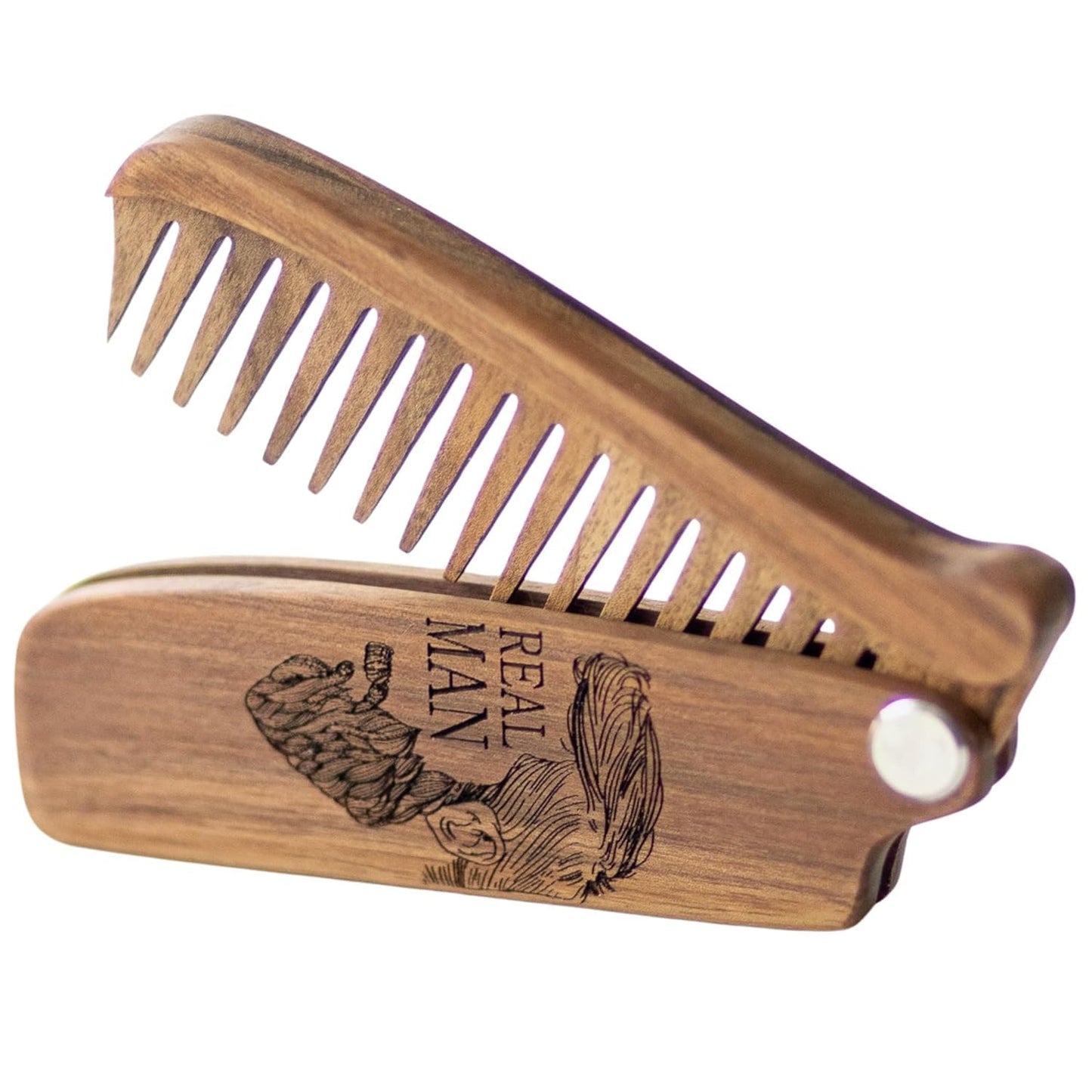Beard Comb for Men Pocket Folding Combs for Mustache & Hair Travel Natural Wooden Comb with Real Man Engraving - Perfect for Use w/Beard Balm Oil (Wavy Half Skull) (Model RM)