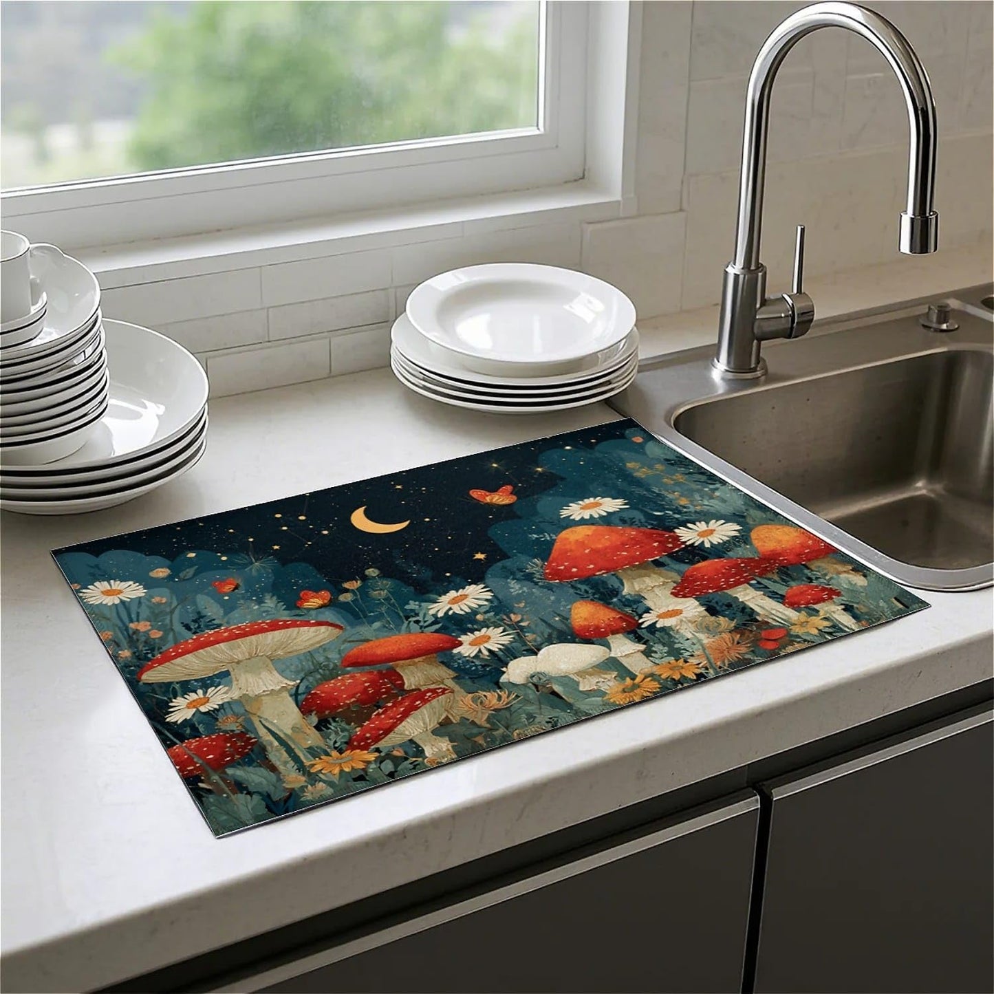 Dish Drying Mat For Kitchen Counter, Black Mushroom Microfiber Absorbent Dish Drainer Rack Pad Reusable Large 18x24in Drying Mat