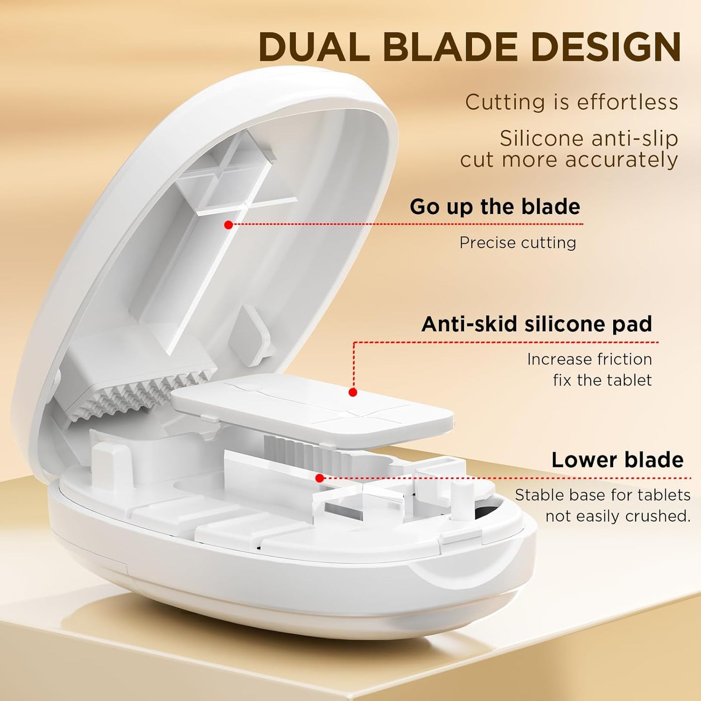 Pill Cutter Splitter for Small and Tiny Pills, 1/2 1/4 Pill Splitter for Small Pills,Vitamins, Tablets in Half or Quarters, Accurate and Easy Cutting, Stainless Steel Blade, Back Storage (White)