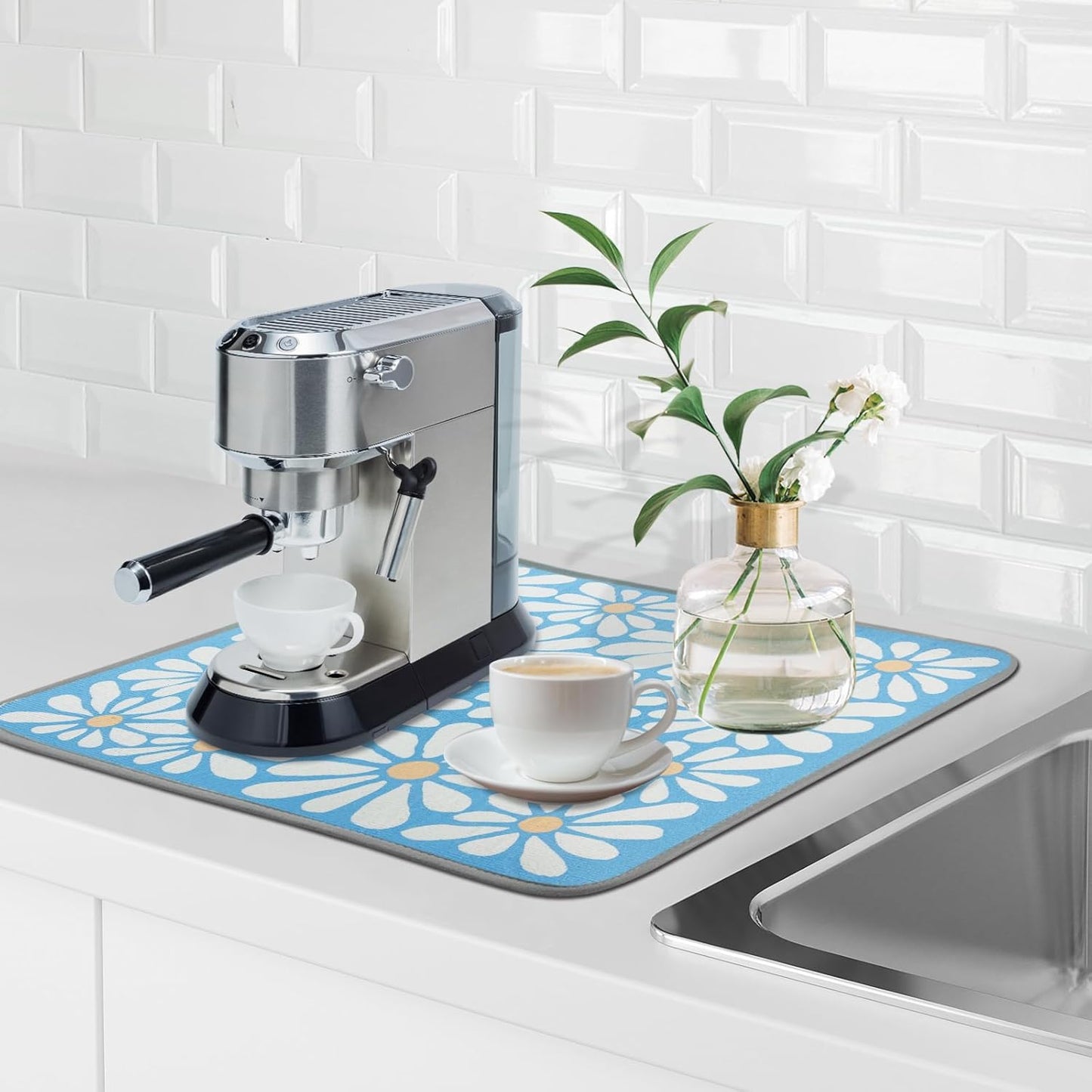 SHIYUE Dish Drying Mat for Kitchen Counter Super Absorbent Spring Kitchen Decor Microfiber Drying Matainers Rack Fast Pad Dish Drainer Mats(Sky Blue Flower,16''x18'')