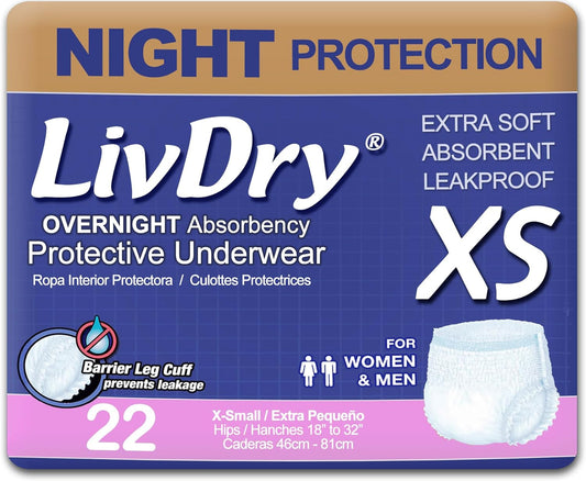 LivDry Adult XS Incontinence Underwear, Overnight Comfort Absorbency, Leak Protection, X-Small, 22-Pack