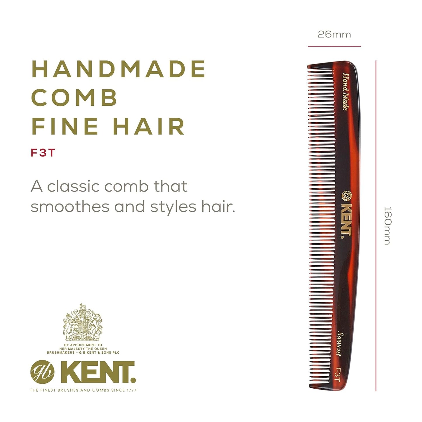 Kent F3T Tortoise Fine Tooth Comb - Hair Parting and Straightening Comb for Men's & Women's Dandruff Remover, Saw Cut and Hand Polished Made in England