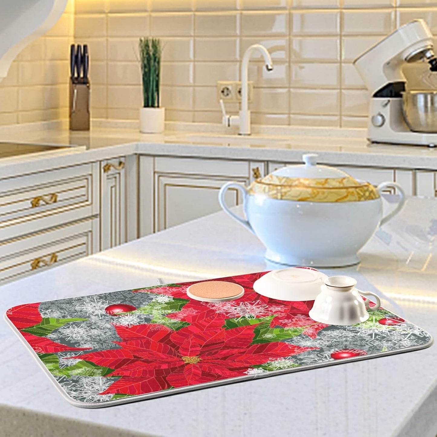 Dish Drying Mat for Kitchen Counter 18 x 16 Inch Happy Holidays Poinsettias Flower Christmas Microfiber Dish Mat Drying Pad Absorbent Dishes Pad Dish Drainer Rack Mats