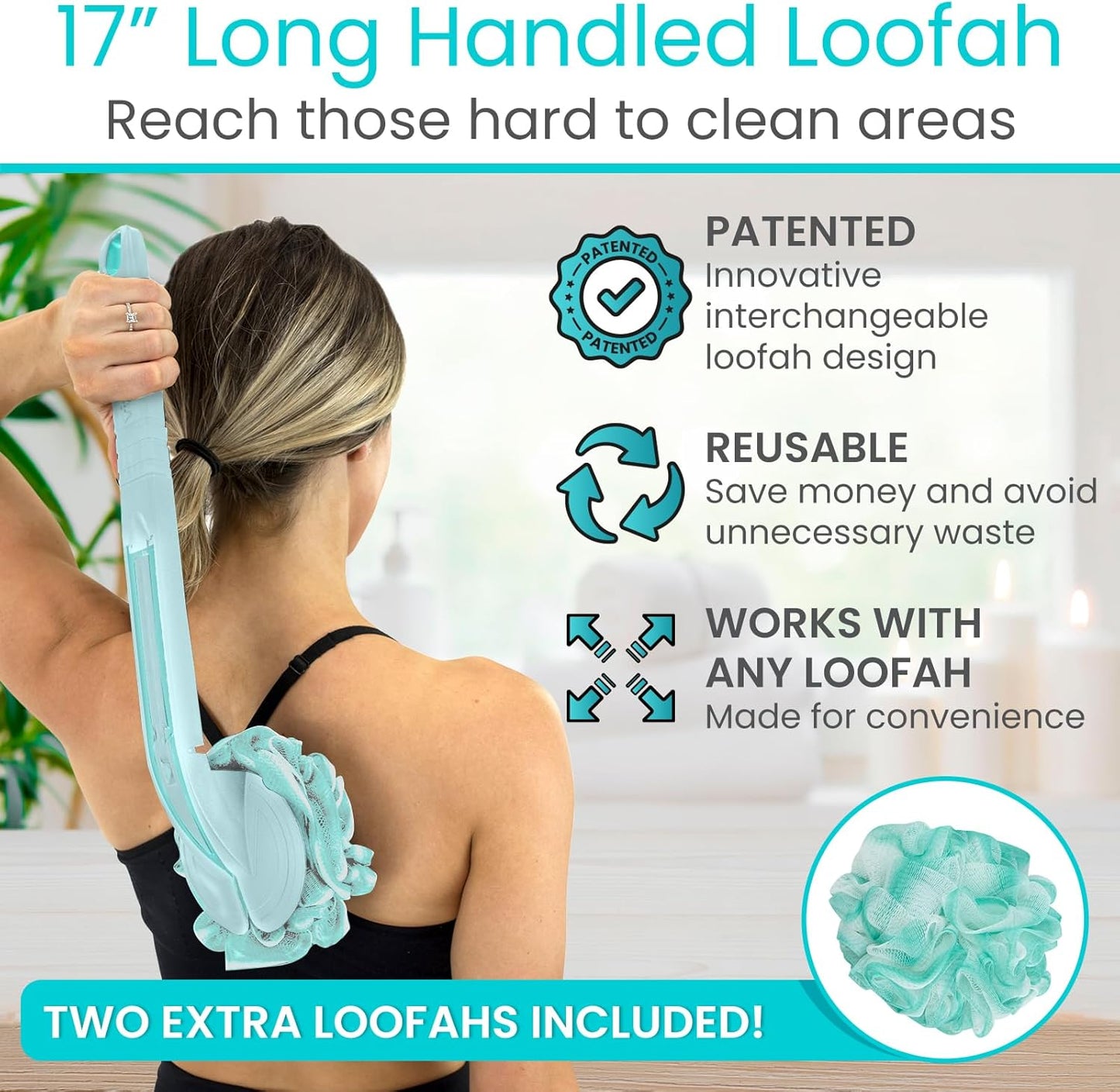Vive Long Handled Loofah on a Stick - Mesh Back Sponge for Bath, Reusable w/Extra Pouf - Exfoliating Scrubber for Elderly & Disabled, Soft Loofa for Bathing Men & Women