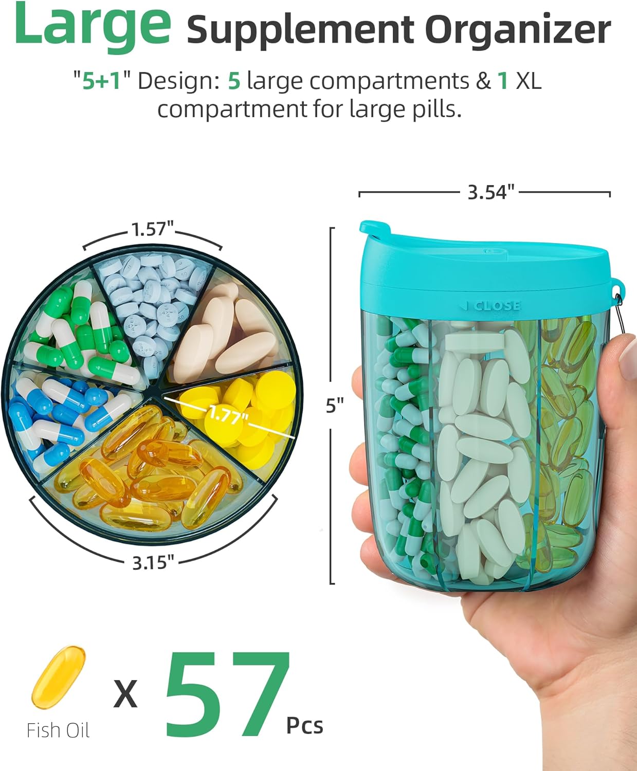 PULIV Large Pill Bottle Organizer, Supplement Organizer for Holding 6 Various Vitamins, Pill Box Case with Anti-Mixing & Wide Opening Design, Easy to Retrieve Meds and 20 Pcs Stick-on Labels, Blue