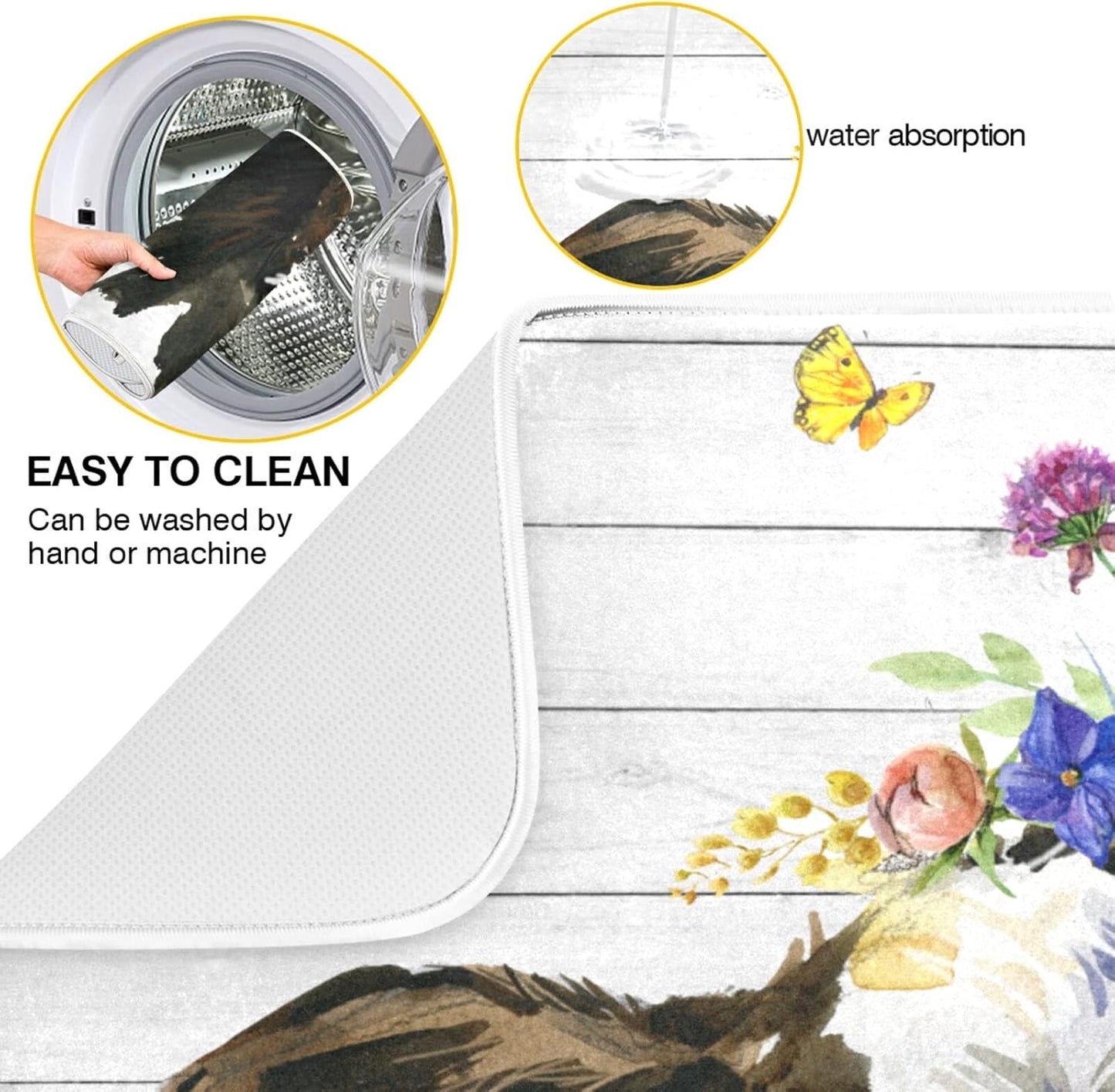 Farmhouse Cow Wood Dish Drying Mat for Kitchen 18x24 inch - Absorbent Microfiber Drainer Rack Fast Dry for Kitchen Counter