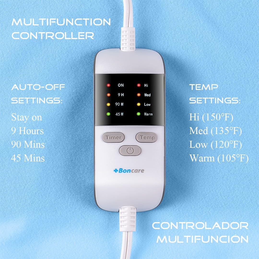 Boncare® Vinyl Large Heating Pad 3 Timers and Stay on for Back Pain Relief and Cramps, 4 Temperature Settings Hot Electric Heat Pad with Washable Cover Blue (12"x 24")