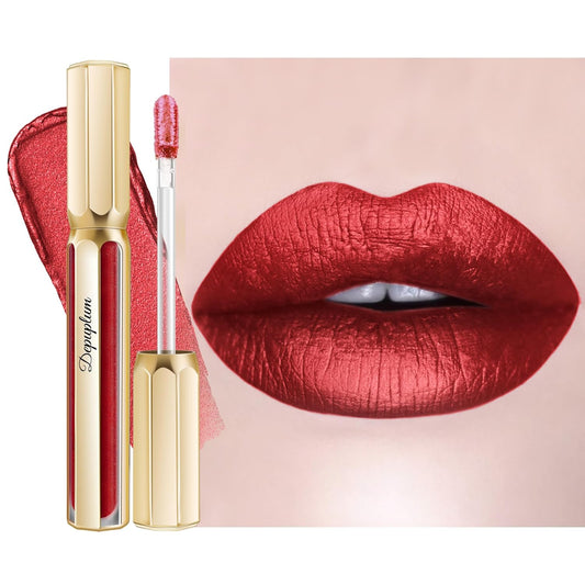 Dark Red Lipsticks for Women Metallic Lipstick Long Lasting Non Stick Cup Lip Gloss, Metal Shine Lightweight Hydrating Full Coverage Lip Color, DP104 Impassion