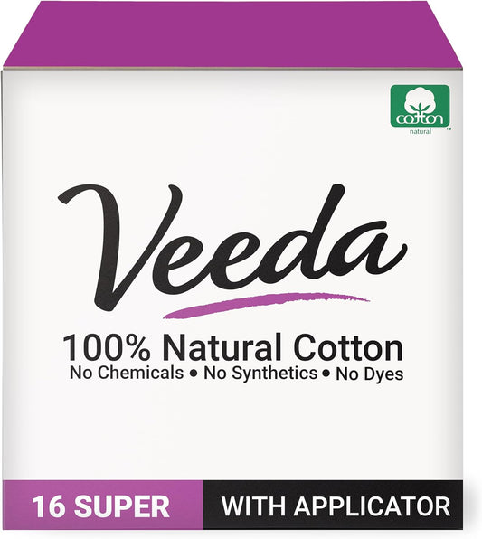 Veeda 100% Natural Cotton Tampons - Super Absorbency with leak proof protection - Compact BPA-Free Applicator - Unscented & Free from Chlorine, Toxin - 16 Count