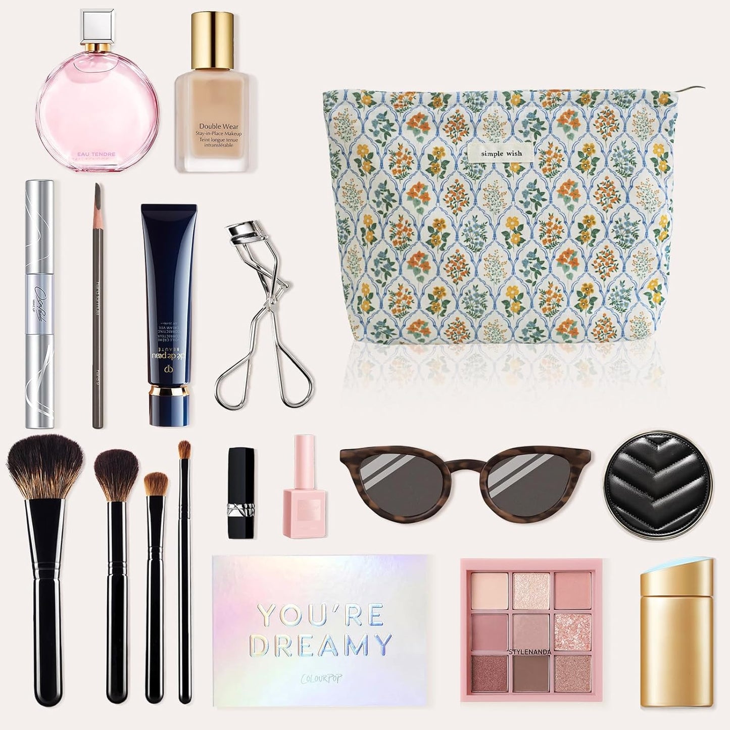 Wudygirl Cute Makeup Bag for Women - Travel Cosmetic Bag with Zipper Makeup Pouch Floral Make up Organizer Handbag Aesthetic (Blue Striped Floral)