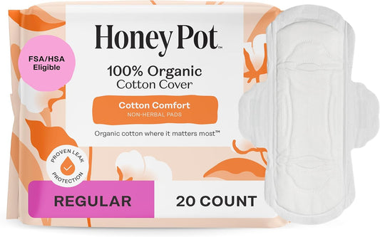 The Honey Pot Company - Sanitary Pads for Women - Non-Herbal Regular Flow w/Wings - Organic Cotton Cover & Ultra-Absorbent Pulp Core - Feminine Care - 20 ct