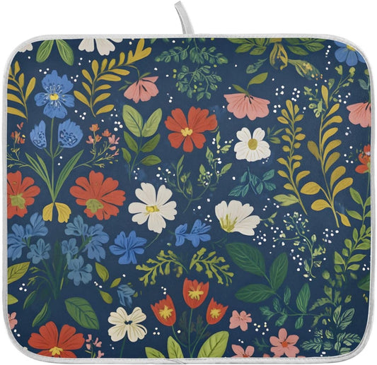 Wildflowers Dark Blue Dish Drying Mats for Kitchen Counter Absorbent Microfiber Dish Drying Matt 16 x 18 Inch Draining Reusable Rack Pad