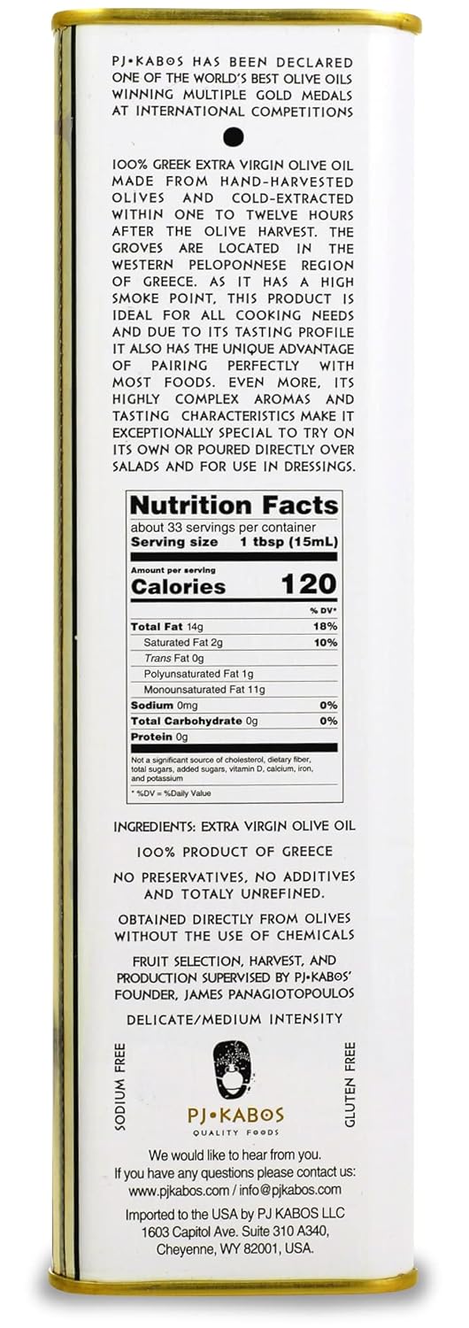 P.J. KABOS 2024/25 Harvest, High Phenolic (450+mg/kg), Premium Greek Extra Virgin Olive Oil, Kosher, Greece, Cold Extracted, 3 x 16.9 oz Tin, Koroneiki, "Family Reserve - Medium"