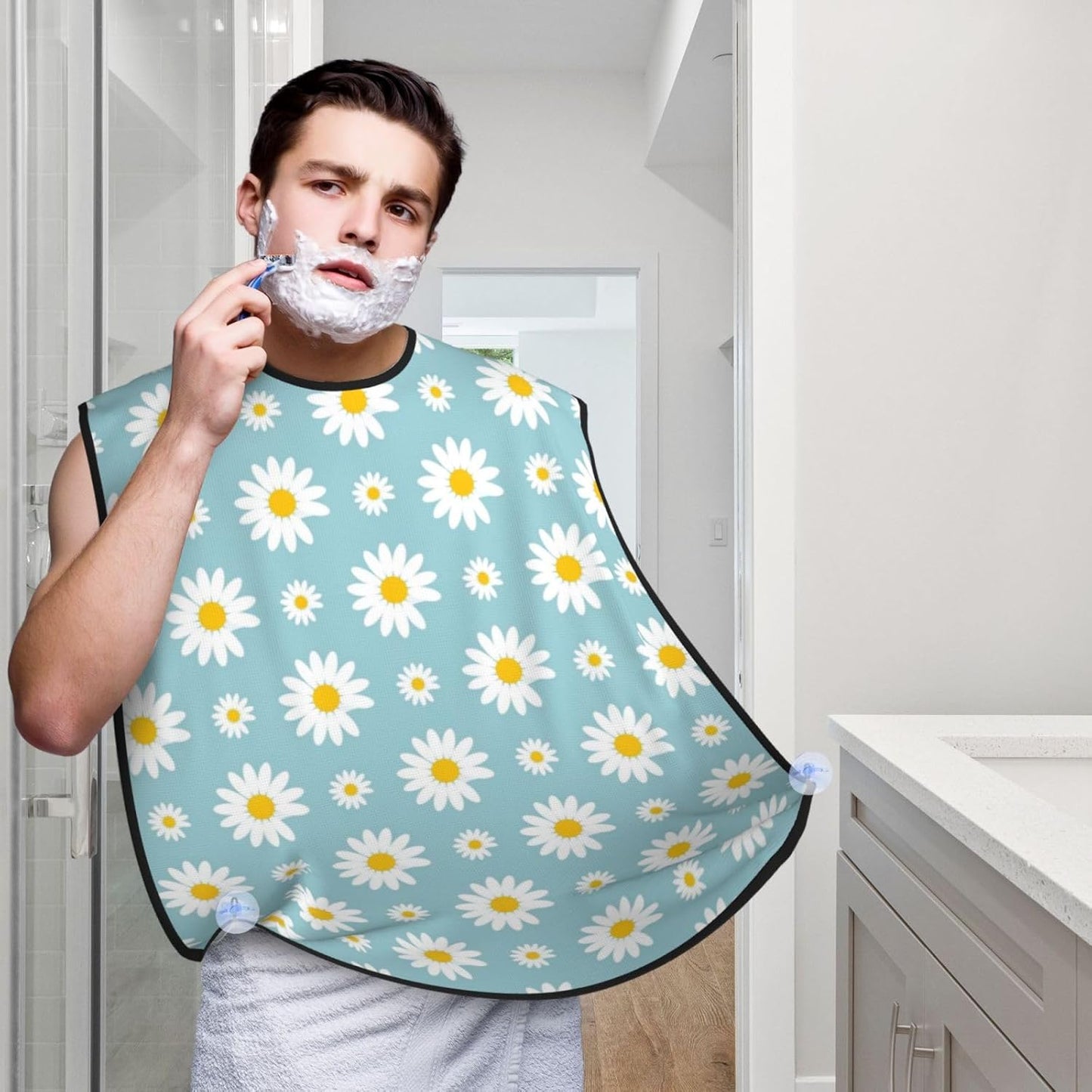 Beard Hair Catcher Bib, Waterproof Non-Stick Grooming Apron for Shaving Trimming, Perfect for Men Dad, Floral Daisy Flowers Purple Shave Bib