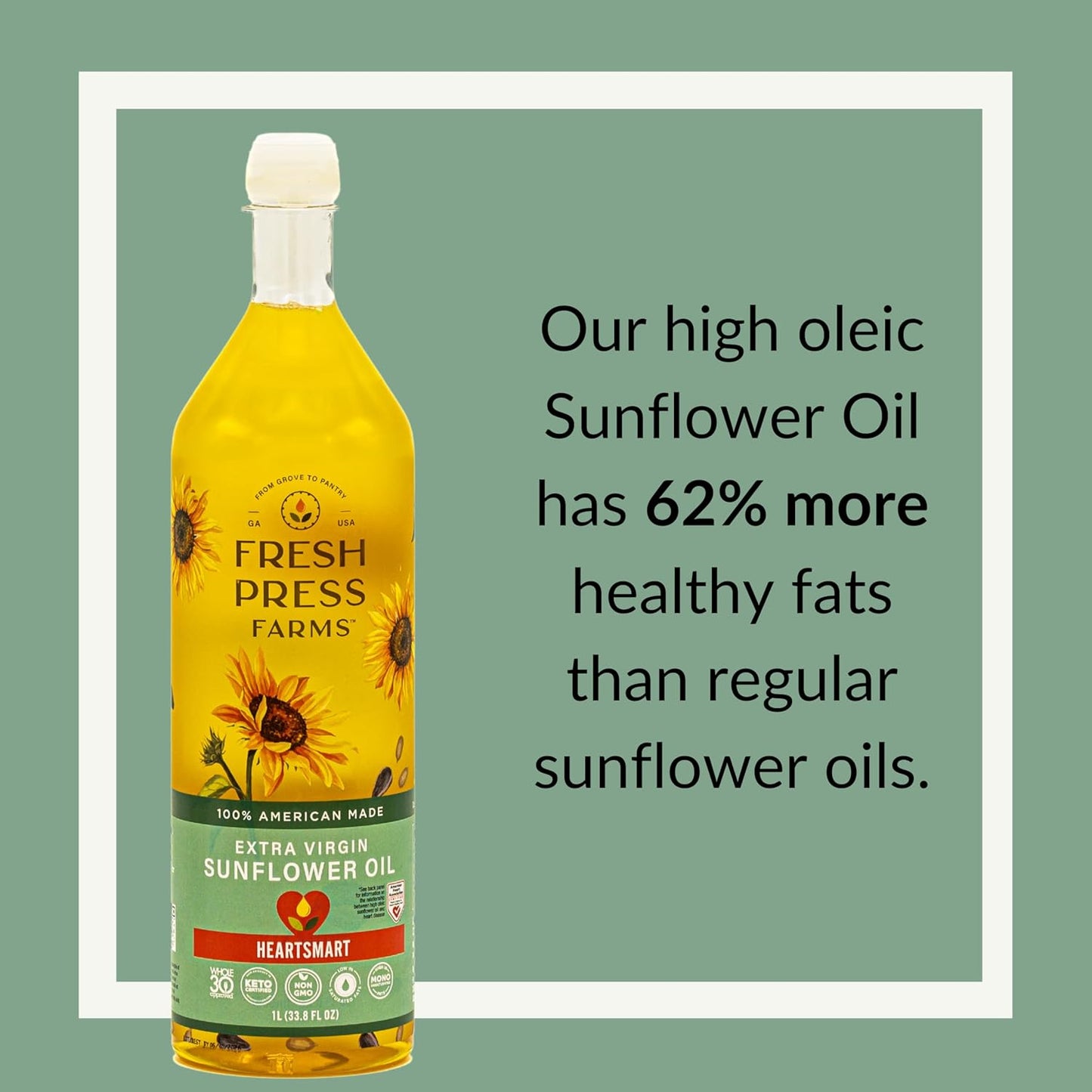 Fresh Press Farms Cold Pressed Extra Virgin Sunflower Oil, 33.8 Fl Oz, High Oleic, Georgia Grown, 100% American Made, Unrefined, Certified Whole30, Non-GMO, Keto, Paleo, Gluten Free