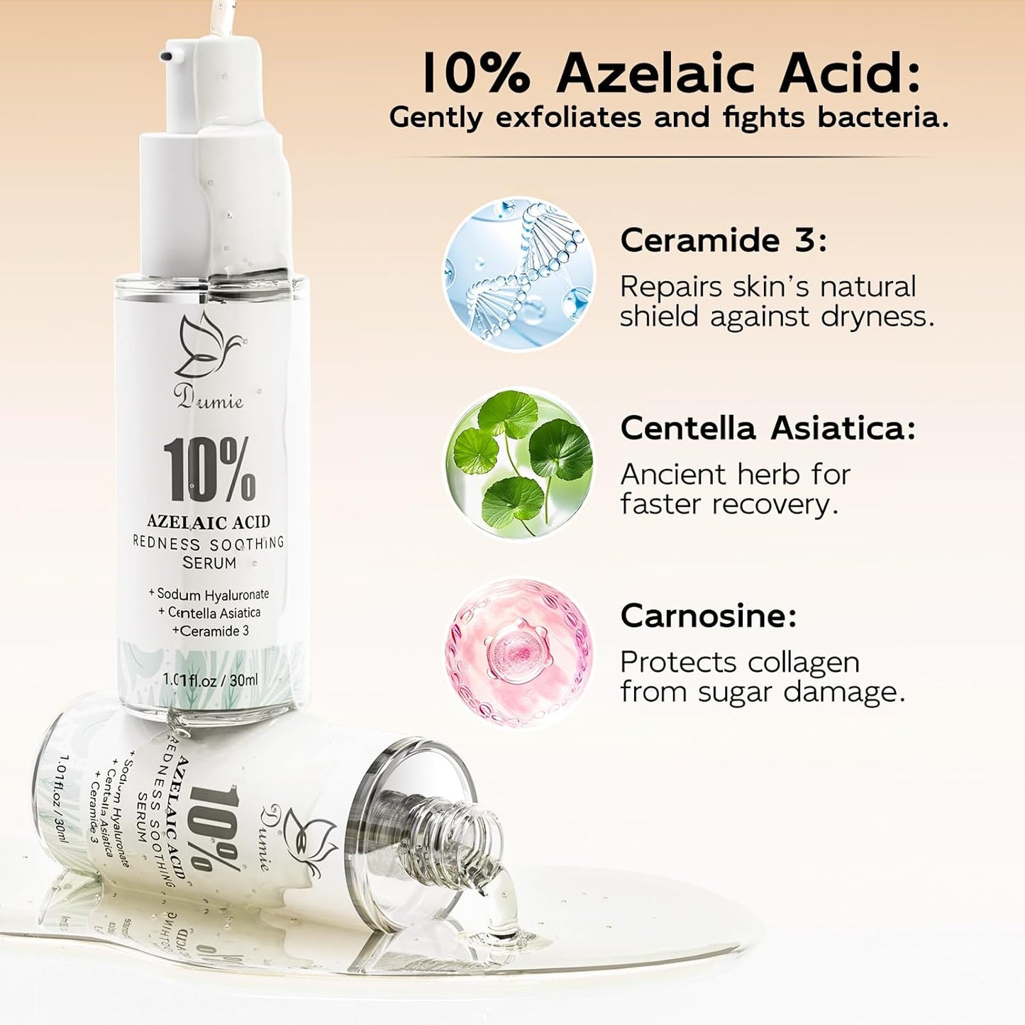 Azelaic Acid Serum 10%, Azelaic Acid for Face with Centella Asiatica Serum for Redness and Uneven Skin Tone, Hyaluronic Acid & Ceramide 3 – Soothes & Clears Pores for Sensitive Skin, 1.01 fl oz