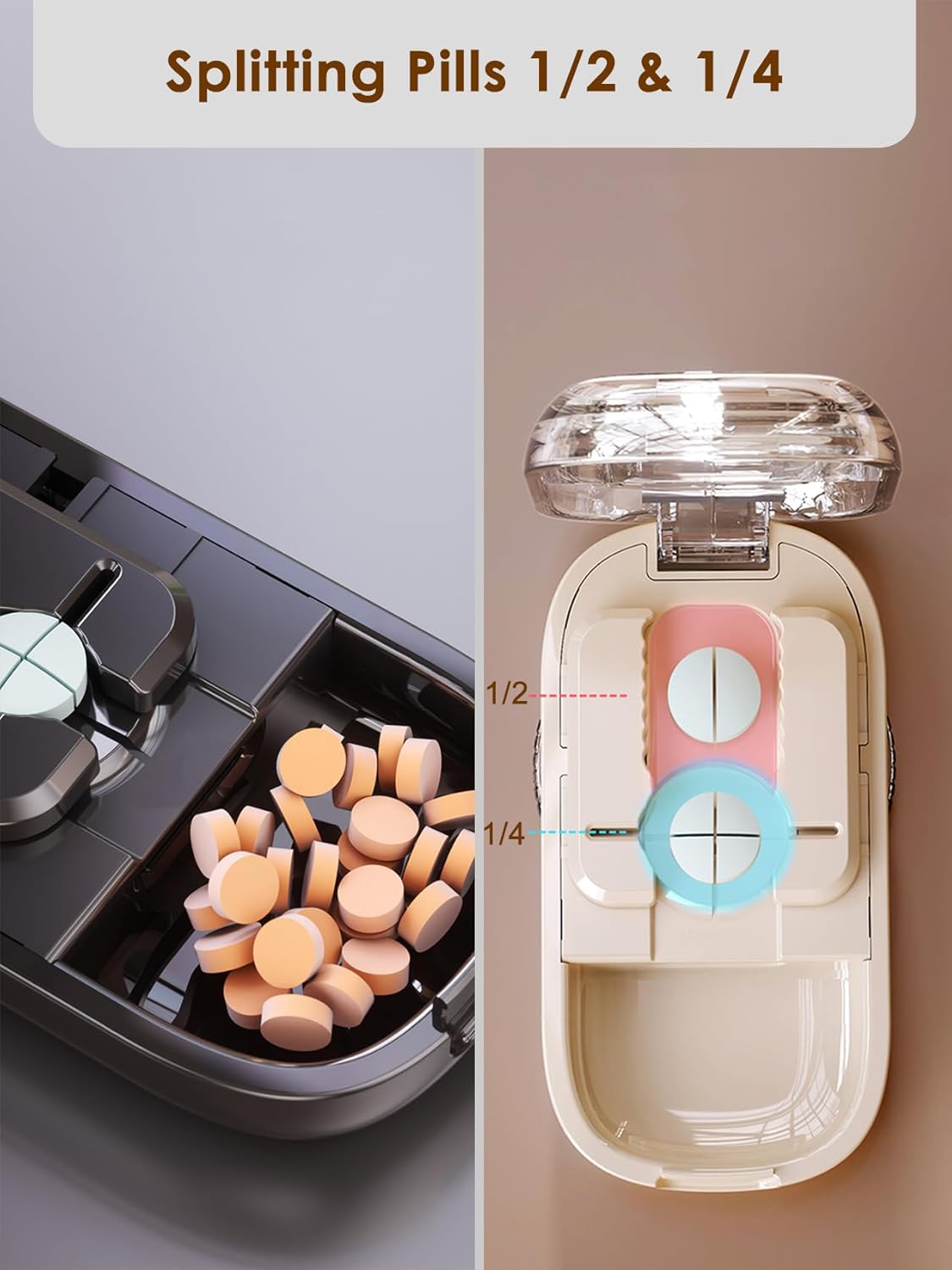 Pill Cutter Splitter for Small and Tiny Pills - Adjustable Pill Splitter with Centering Device for Cutting Multiple Pills, Accurate Alignment and Easy to Use (Beige)