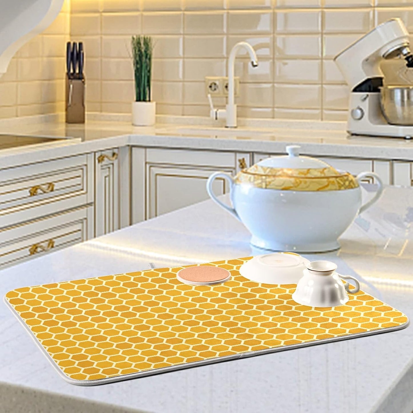 Yellow Honeycomb Dish Drying Mat - 18x24 Inch Large Microfiber Drying Pad for Bottles & Sink