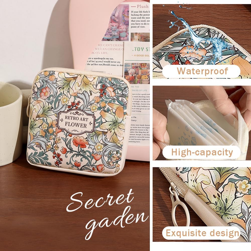 Sanitary Napkin Storage Bags,Portable Menstrual Cup Nursing Pad Tampon Storage Pouch,Leather Oil Painting Flower Travel Makeup Bags Coin Purse Sundries Pouch with Zipper