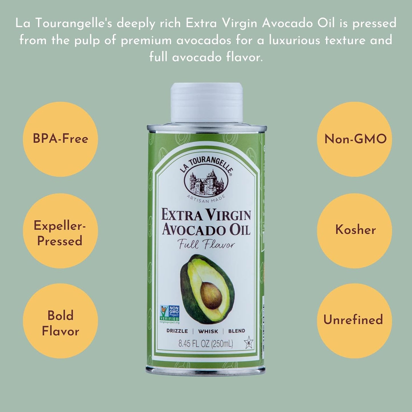 La Tourangelle, Extra Virgin Avocado Oil, Full Flavor from Premium Avocados, Medium Heat, 8.45 Fl Oz