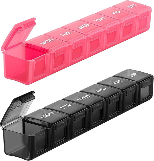 Sukuos Extra Large Weekly Pill Organizer 2 Pcs, Daily Pill Box 7 Day Medicine Cases for Vitamin, Fish Oils or Supplements, Easy to Clean (Black&Pink)