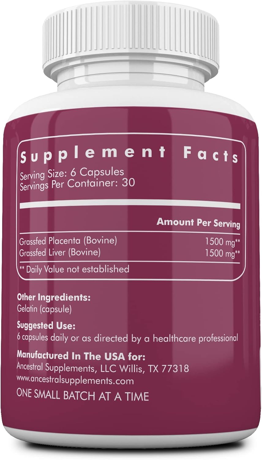 Ancestral Supplements Grass Fed Placenta Supplement with Liver, Contains Postpartum Vitamins for Women Breastfeeding, Promotes Menopause Relief, Stem Cells Support Skin Elasticity, 180 Capsules