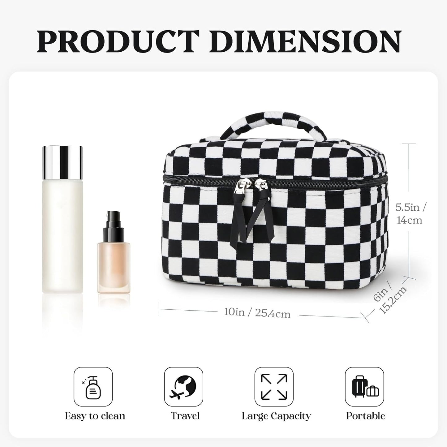 Prite Corduroy Large Travel Quilted Makeup Bag for Women Floral Cotton Cosmetic Bag Coquette Aesthetic Floral Toiletry Organizer Bag(Dark Checkerboard)