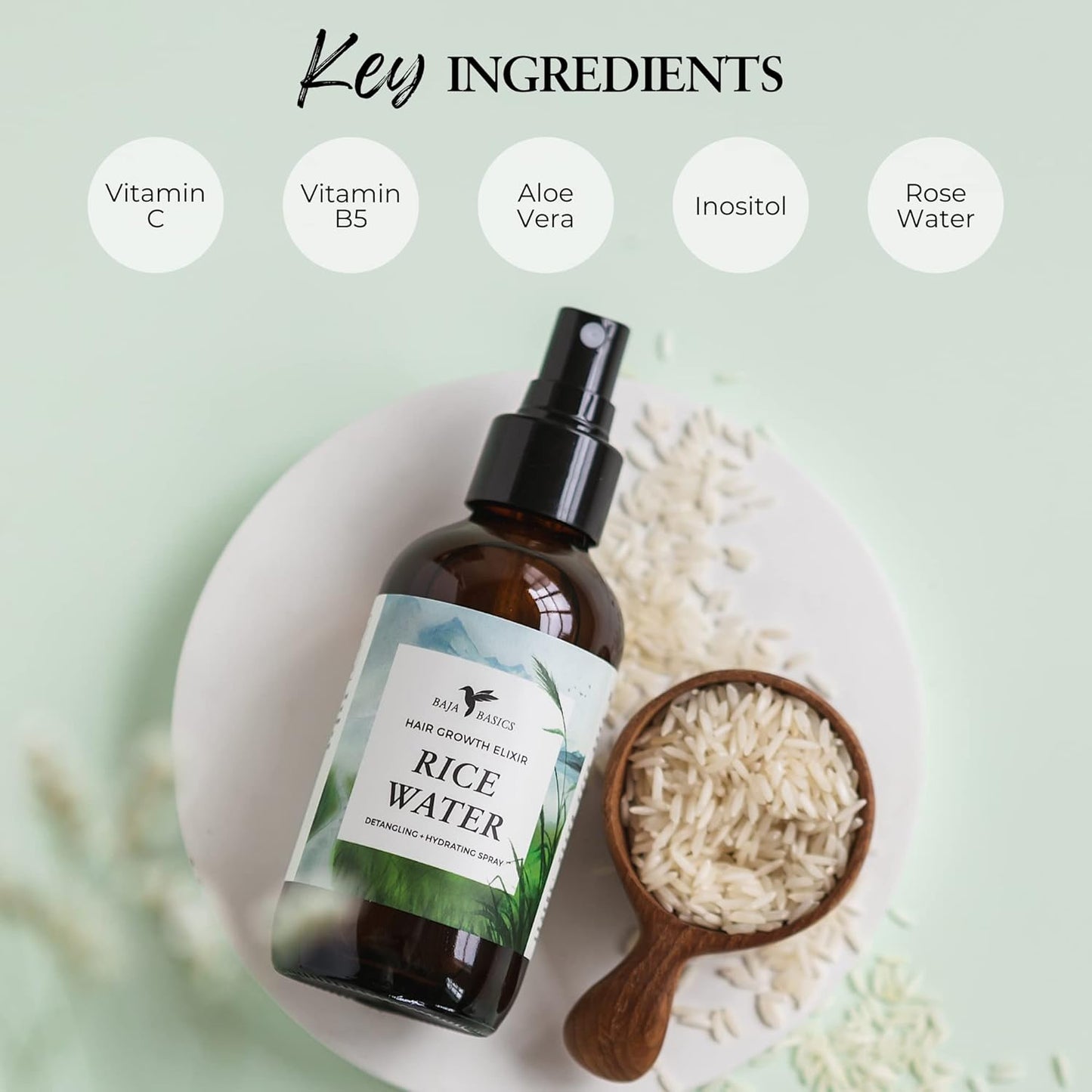 Rice Water For Hair Growth by Baja Basics, Thickness, Strength, Shine - Leave-in Conditioner for Scalp, Dry Split End Moisturizer - Fermented Rice Water Spray for Curly, Straight, Thick, Thin Hair 4oz