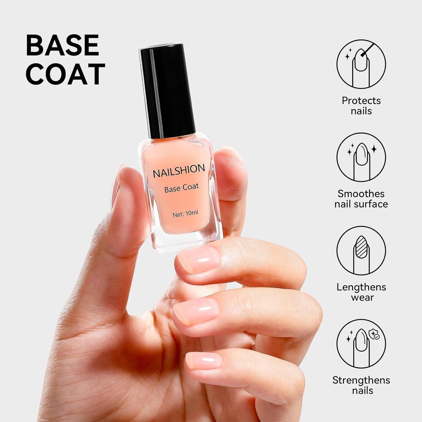 Base Top Coat, Nude Peach Ridge Filler Base Coat Clear Nail Polish, Enriched VE Calcium Strengthening, Quick Dry Non-Gel, No U V Light Needed, Long-lasting Nails Gift for Women
