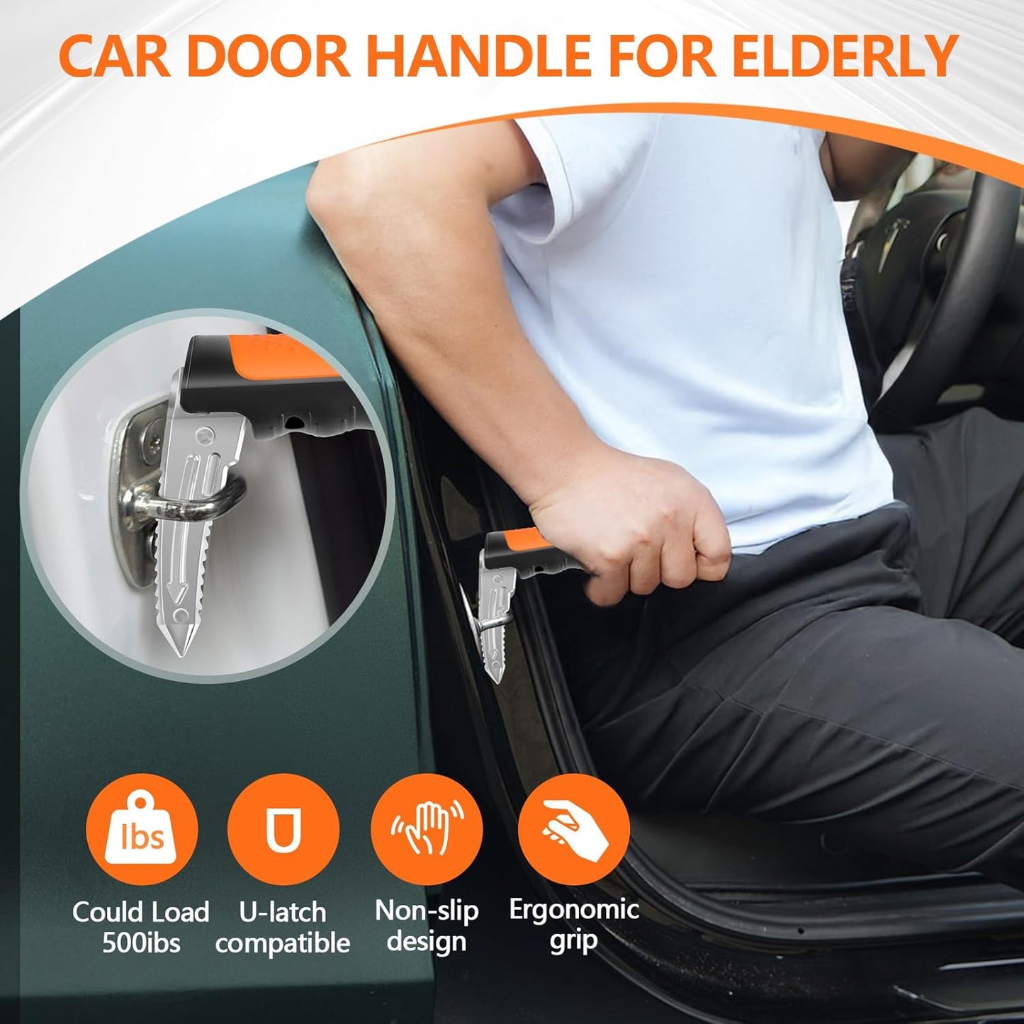Car Door Handle for Elderly - 2025 New 4 in 1 Car Handle Assist, 2 Pack Auto Cane Portable Vehicle Support Handle Door Assist Bar, Max Load 500 Lbs, Anti-Slip Design (Orange-Car Handle +Strap)