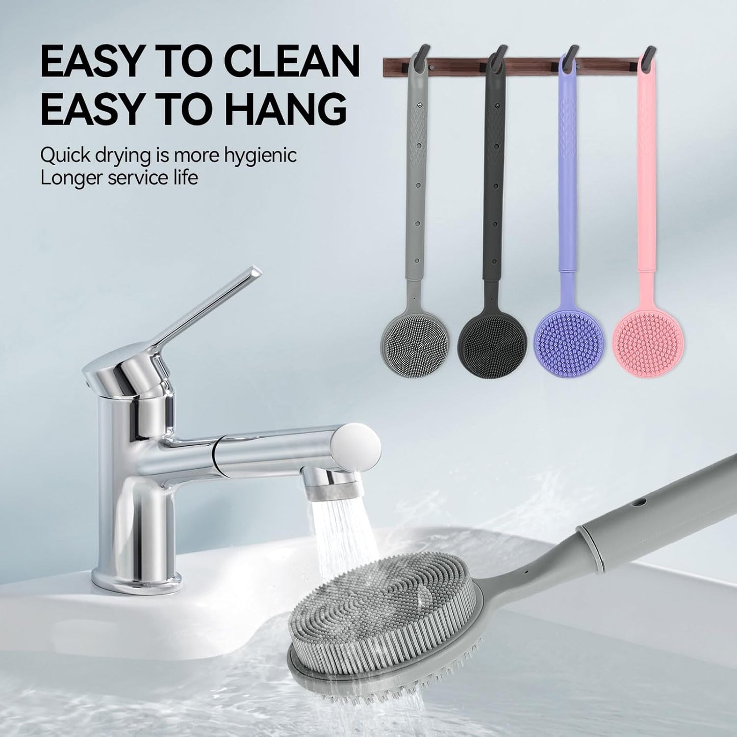 Back Scrubber for Shower, (16-24 Inch) Extendable Bath Brush Long Handle for Shower, Silicone Body Scrubber with Handle, Back Brush for Shower Men and Women,Easy to Clean (Gray)