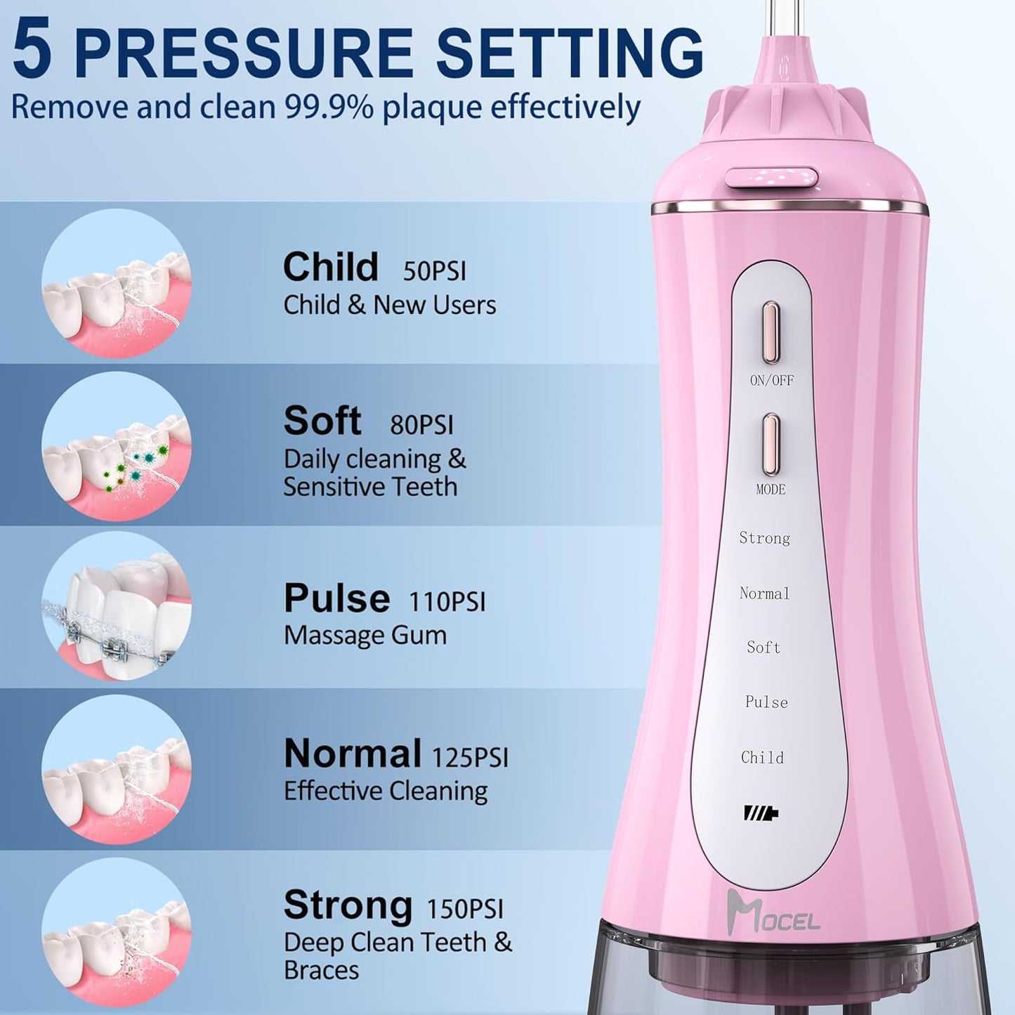 Water Dental Flosser for Teeth - 350ML Large Tank 5 Modes & 6 Tips Cordless, Oral Irrigator Waterproof, Portable Teeth Cleaning and Flossing with Effective Plaque Remover for Adults (Pink)